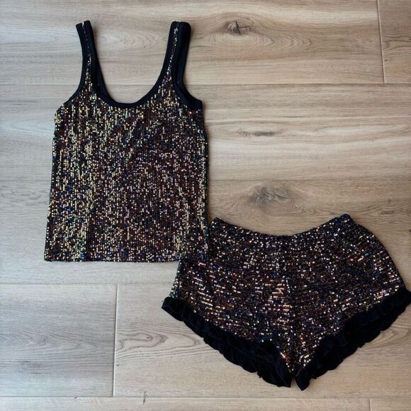NEW POL Matching Black Sparkly Sequin Set Size Small Shorts Tank Top - Picture 2 of 6